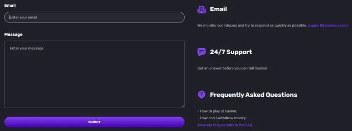 Voodoo Casino customer support page with email contact form, 24/7 assistance, support@voodoo.casino and frequently asked questions