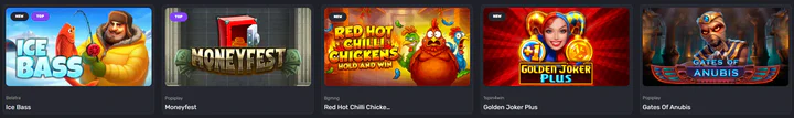 Voodoo Casino slot games including Ice Bass, Moneyfest, Red Hot Chilli Chickens Hold and Win, Golden Joker Plus and Gates of Anubis