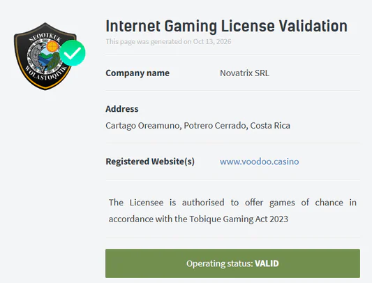 Voodoo Casino Tobique Gaming license validation for Novatrix SRL with valid operating status
